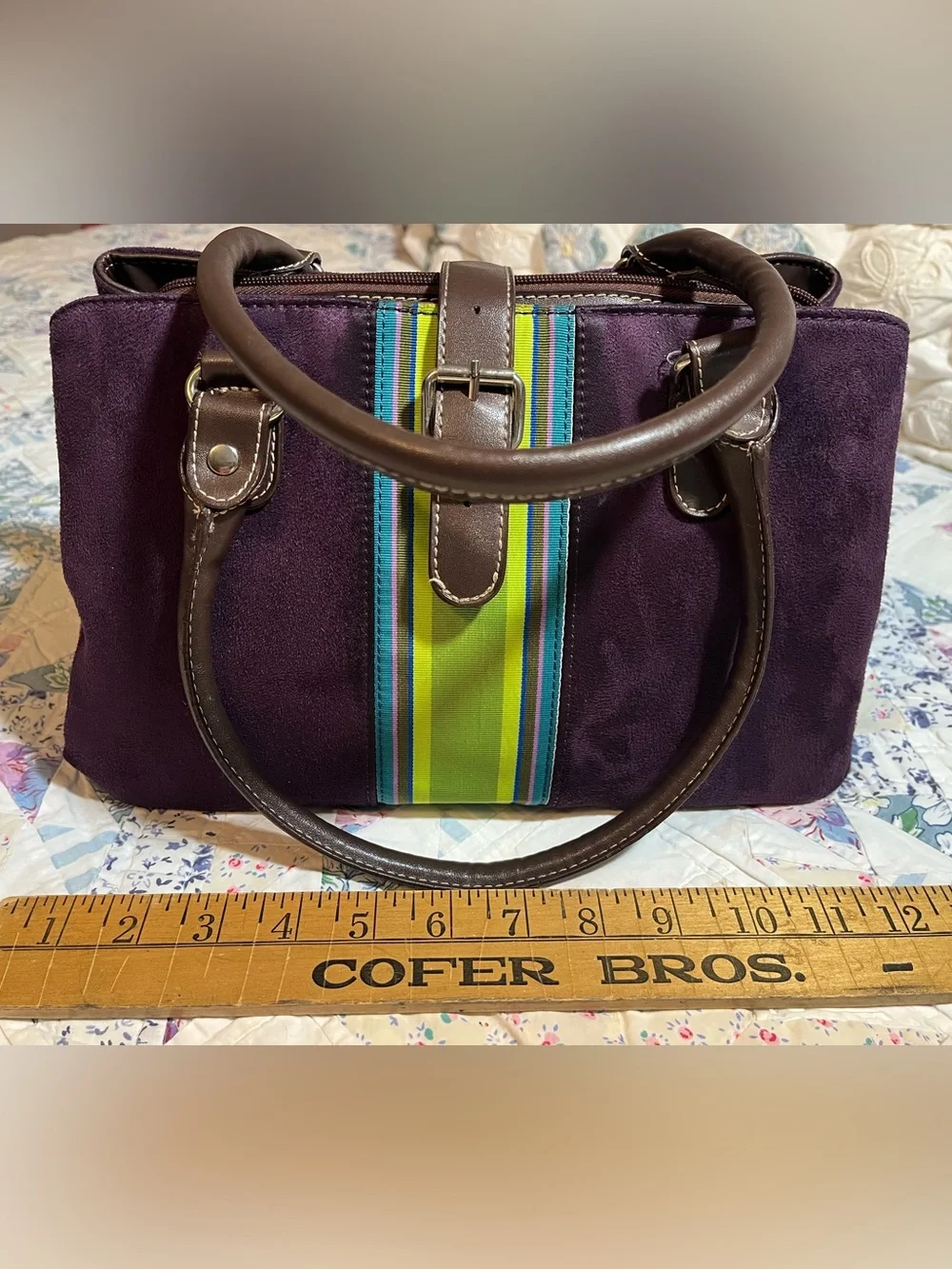 Y2K 2010s Tommy Hilfiger Purple Sueded Satchel Green Stripe and Brown Handles